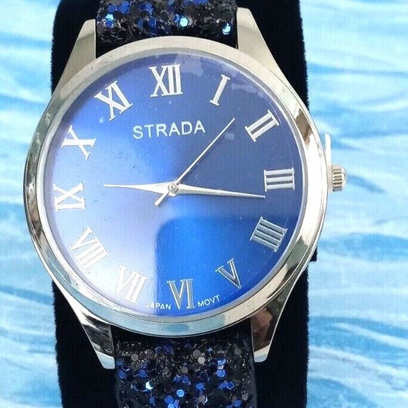 STRADA Watch with Blue Sequin Faux Leather Band - Picture 1 of 3